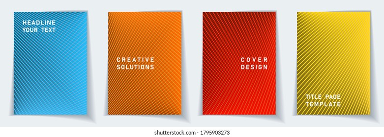 Cover page abstract layout vector design set. Halftone lines geometric background patterns. Poster templates. Educational gradient title page graphic collectoin.
