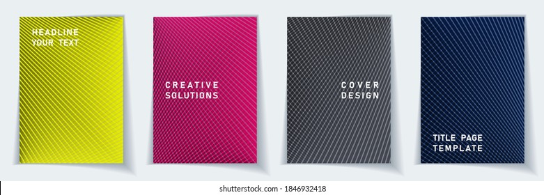 Juego de diseño vectorial de diseño abstracto de portada. Patrones de fondo de cuadrícula de líneas de semitono. Plantillas de catálogo. Colección gráfica de la página de título del degradado científico.