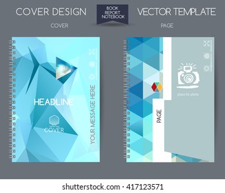 Cover and page of the annual report. Book cover design isolated over colorful background. Vector covers for books, notebooks, annual report. Logo and characters with space for text. Template cover