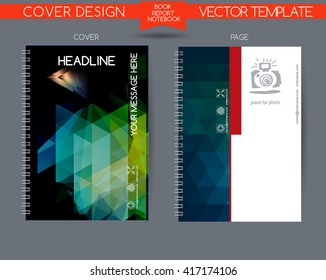 Cover and page of the annual report. Book cover design isolated over colorful background. Vector covers for books, notebooks, annual report. Logo and characters with space for text. Template cover
