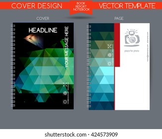 Cover and page of the annual report. Book cover design isolated over colorful background. Vector covers for books, notebooks, annual report. Logo and characters with space for text. Template cover