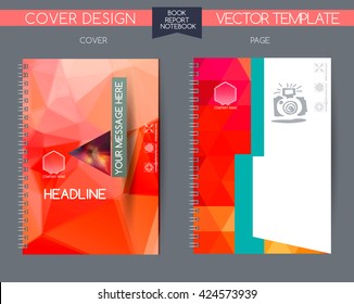 Cover and page of the annual report. Book cover design isolated over colorful background. Vector covers for books, notebooks, annual report. Logo and characters with space for text. Template cover