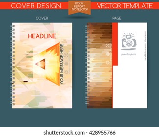 Cover and page of the annual report. Book cover design isolated over colorful background. Vector covers for books, notebooks, annual report. Logo and characters with space for text. Template cover