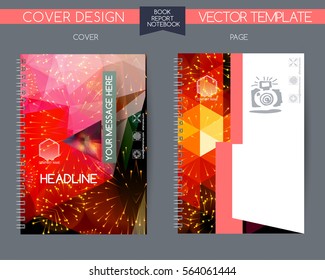 Cover and page of the annual report. Vector  design for books, notebooks, annual report. Book cover design isolated over colorful background.  Logo and characters with space for text. 