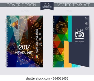 Cover and page of the annual report. Vector  design for books, notebooks, annual report. Book cover design isolated over colorful background.  Logo and characters with space for text. 