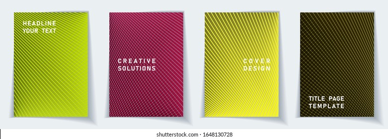 Cover page cool layout vector design set. Crossed lines texture background patterns. Flyer templates.  Scientific gradient title page graphic collectoin.