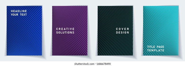 Cover page cool layout vector design set. Halftone lines grid background patterns. Brochure templates.  Scientific gradient title page graphic collectoin.