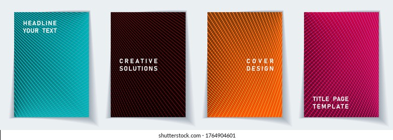 Cover page cool layout vector design set. Halftone lines geometric background patterns. Poster templates.  Business gradient title page graphic collectoin.