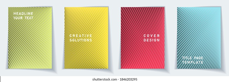 Cover page creative layout vector design set. Crossed lines texture background patterns. Certificate templates. Scientific gradient title page graphic collectoin.