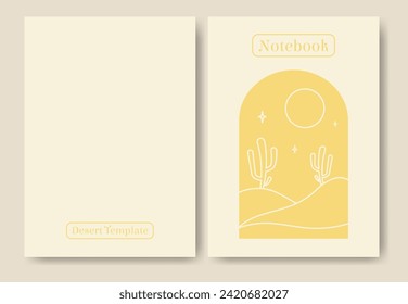 Diseño de portadas basado en diseño minimalista del desierto. Ilustración en beige lunar y noche de cactus.