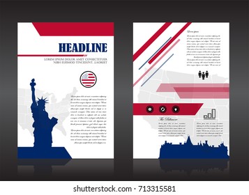 Cover page design, The book cover is simple, Vector white brochure template design with Statue of Liberty and The castle and USA map.