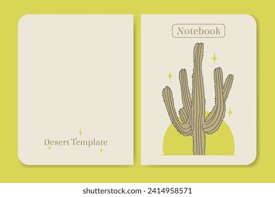 Cover page design for notebook in minimalist style. Cactus wild west night and moon desert beige illustration.