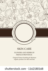 Cover page design template. Book cover with strawberries texture on background. Wide line of ribbon with circle badge and text place. Vector illustration.