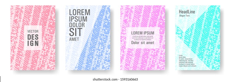 Cover page design templates set. Minimal brochure layouts. Trendy abstract cover pages. Pink purple turquoise blue grunge texture backgrounds. Stylish posters.
