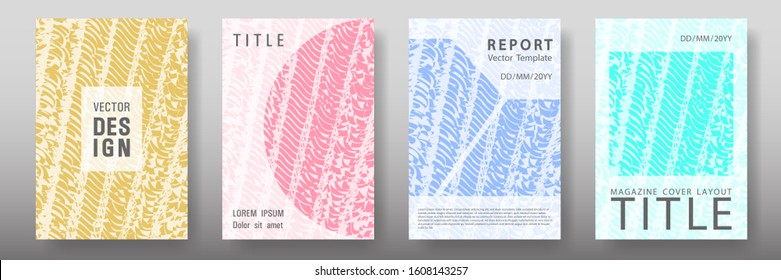 Cover page design templates set. Minimal brochure layouts. Trendy abstract cover pages. Pink turquoise blue grunge texture backgrounds. Stylish posters.