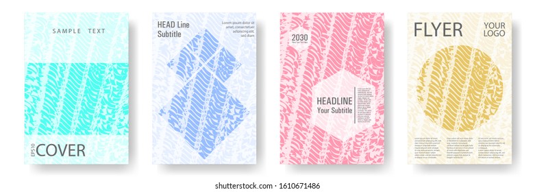 Cover page design templates set. Minimal brochure layouts. Trendy abstract cover pages. Pink turquoise blue grunge texture backgrounds. Stylish posters.
