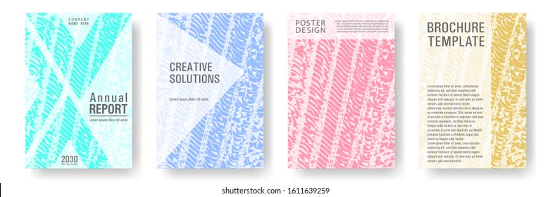 Cover page design templates set. Minimal brochure layouts. Trendy abstract cover pages. Pink turquoise blue grunge texture backgrounds. Stylish posters.
