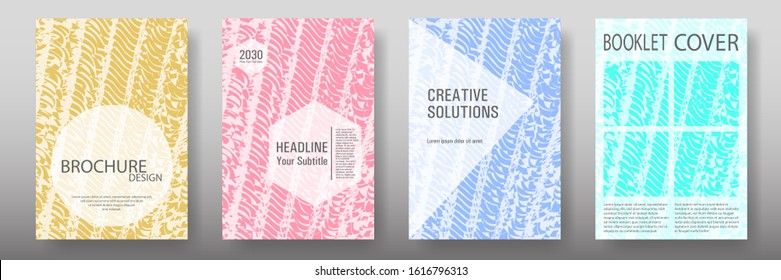 Cover page design templates set. Minimal brochure layouts. Trendy abstract cover pages. Pink turquoise blue grunge texture backgrounds. Stylish posters.