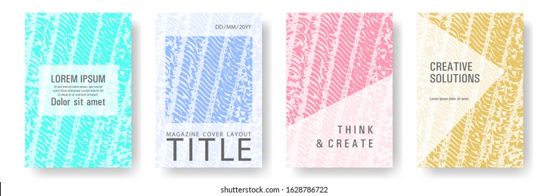 Cover page design templates set. Minimal brochure layouts. Trendy abstract cover pages. Pink turquoise blue grunge texture backgrounds. Stylish posters.