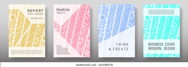 Cover page design templates set. Minimal brochure layouts. Trendy abstract cover pages. Pink turquoise blue grunge texture backgrounds. Stylish posters.