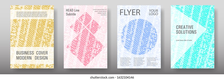 Cover page design templates set. Minimal brochure layouts. Trendy abstract cover pages. Pink turquoise blue grunge texture backgrounds. Stylish posters.