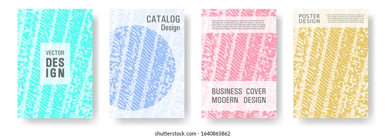 Cover page design templates set. Minimal brochure layouts. Trendy abstract cover pages. Pink turquoise blue grunge texture backgrounds. Stylish posters.