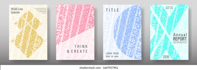 Cover page design templates set. Minimal brochure layouts. Trendy abstract cover pages. Pink turquoise blue grunge texture backgrounds. Stylish posters.