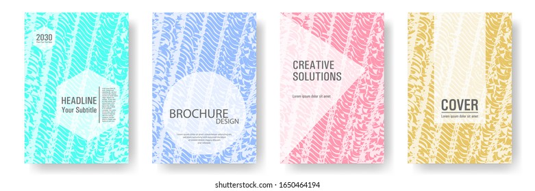 Cover page design templates set. Minimal brochure layouts. Trendy abstract cover pages. Pink turquoise blue grunge texture backgrounds. Stylish posters.