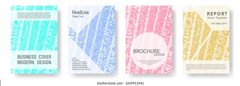 Cover page design templates set. Minimal brochure layouts. Trendy abstract cover pages. Pink turquoise blue grunge texture backgrounds. Stylish posters.