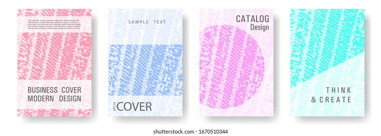 Cover page design templates set. Minimal brochure layouts. Trendy abstract cover pages. Pink turquoise blue grunge texture backgrounds. Stylish posters.