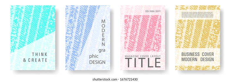 Cover page design templates set. Minimal brochure layouts. Trendy abstract cover pages. Pink turquoise blue grunge texture backgrounds. Stylish posters.