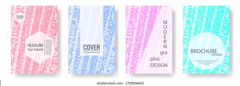 Cover page design templates set. Minimal brochure layouts. Trendy abstract cover pages. Pink turquoise blue grunge texture backgrounds. Stylish posters.