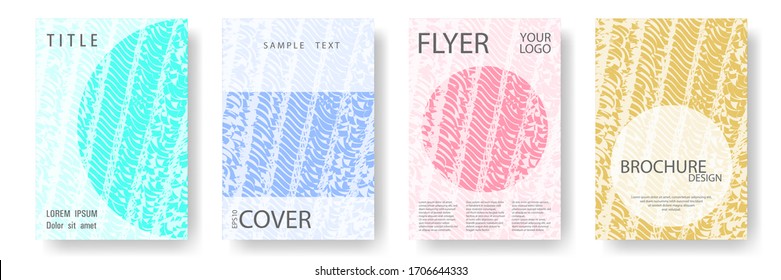 Cover page design templates set. Minimal brochure layouts. Trendy abstract cover pages. Pink turquoise blue grunge texture backgrounds. Stylish posters.