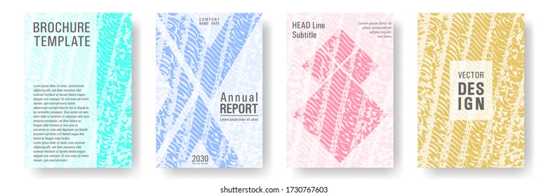 Cover page design templates set. Minimal brochure layouts. Trendy abstract cover pages. Pink turquoise blue grunge texture backgrounds. Stylish posters.