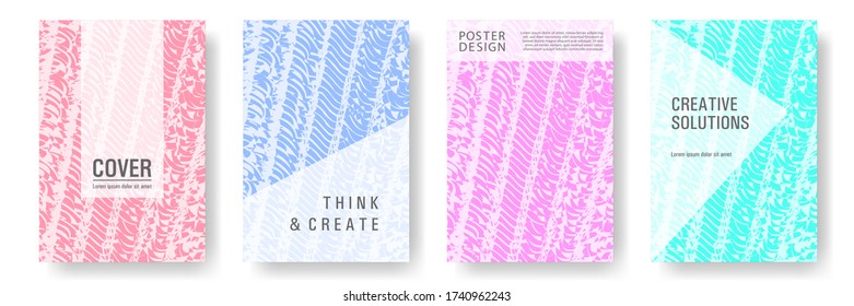 Cover page design templates set. Minimal brochure layouts. Trendy abstract cover pages. Pink turquoise blue grunge texture backgrounds. Stylish posters.