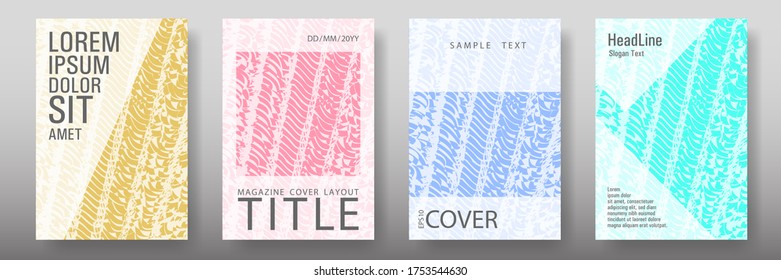 Cover page design templates set. Minimal brochure layouts. Trendy abstract cover pages. Pink turquoise blue grunge texture backgrounds. Stylish posters.