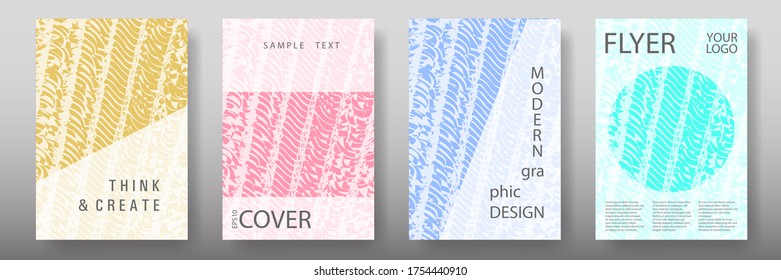 Cover page design templates set. Minimal brochure layouts. Trendy abstract cover pages. Pink turquoise blue grunge texture backgrounds. Stylish posters.