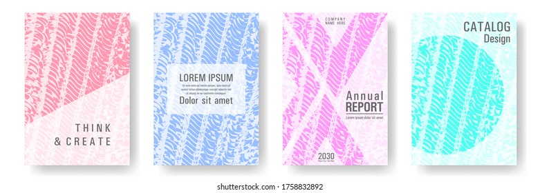 Cover page design templates set. Minimal brochure layouts. Trendy abstract cover pages. Pink turquoise blue grunge texture backgrounds. Stylish posters.