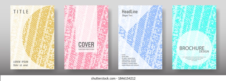 Cover page design templates set. Minimal brochure layouts. Trendy abstract cover pages. Pink turquoise blue grunge texture backgrounds. Stylish posters.