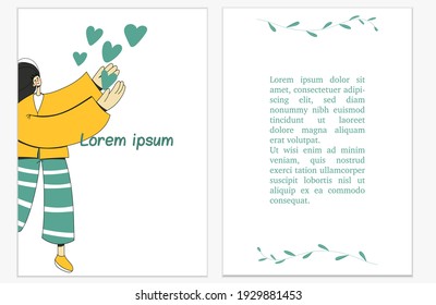 Diseño de portada y página. Ilustración vectorial en el estilo plano con una chica y corazones. Perfecto para afiches, tarjetas, invitaciones, volantes, portadas, banner, carteles, folletos y otros diseños gráficos.