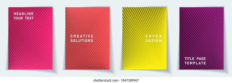 Cover page digital layout vector design set. Crossed lines texture background patterns. Banner templates. Scientific gradient title page graphic collectoin.