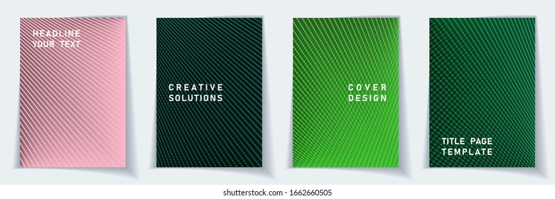 Cover page flat layout vector design set. Crossed lines dynamic background patterns. Corporate templates.  Scientific gradient covers graphic collectoin.