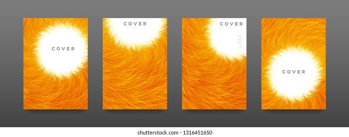 Cover page fur design template. Modern flyer layout. Abstract and colourful cover page. Orange furry texture background. Vector graphic poster. EPS10