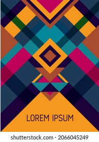 Cover page layout vector template geometric design with triangles and stripes pattern for party poster. Folklore mexican motifs. Striped bauhaus pattern vector cover design. Trendy geometry.