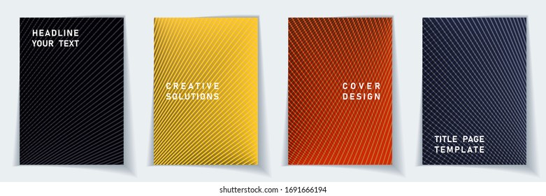 Cover page minimal layout vector design set. Halftone lines geometric background patterns. Brochure templates.  Educational gradient title page graphic collectoin.