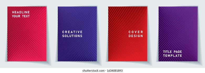 Cover page minimalist layout vector design set. Halftone lines geometric background patterns. Catalog templates.  Scientific gradient covers graphic collectoin.
