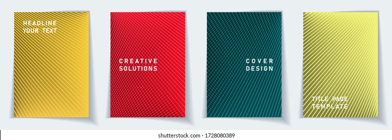 Cover page minimalist layout vector design set. Crossed lines texture background patterns. Poster templates.  Educational gradient title page graphic collectoin.