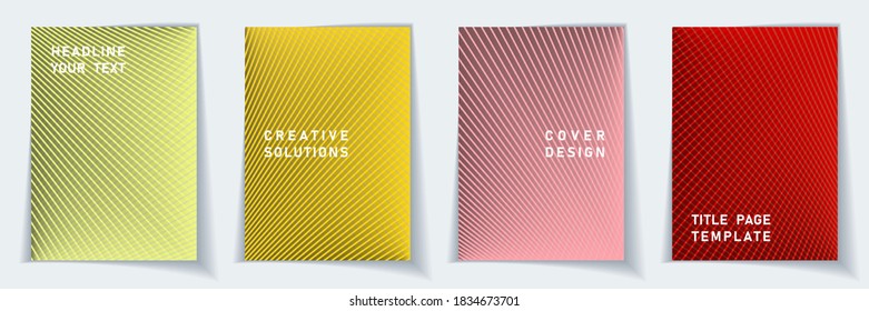 Cover page minimalist layout vector design set. Crossed lines texture background patterns. Brochure templates. Business gradient covers graphic collectoin.