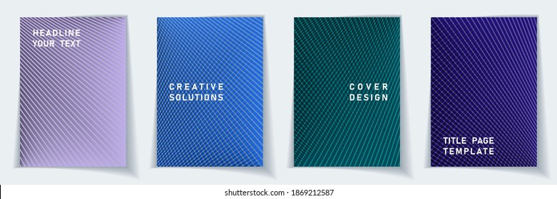 Cover page minimalist layout vector design set. Halftone lines geometric background patterns. Catalog templates. Scientific gradient title page graphic collectoin.