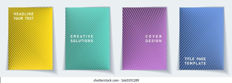 Cover page modern layout vector design set. Crossed lines dynamic background patterns. Folder templates.  Scientific gradient title page graphic collectoin.